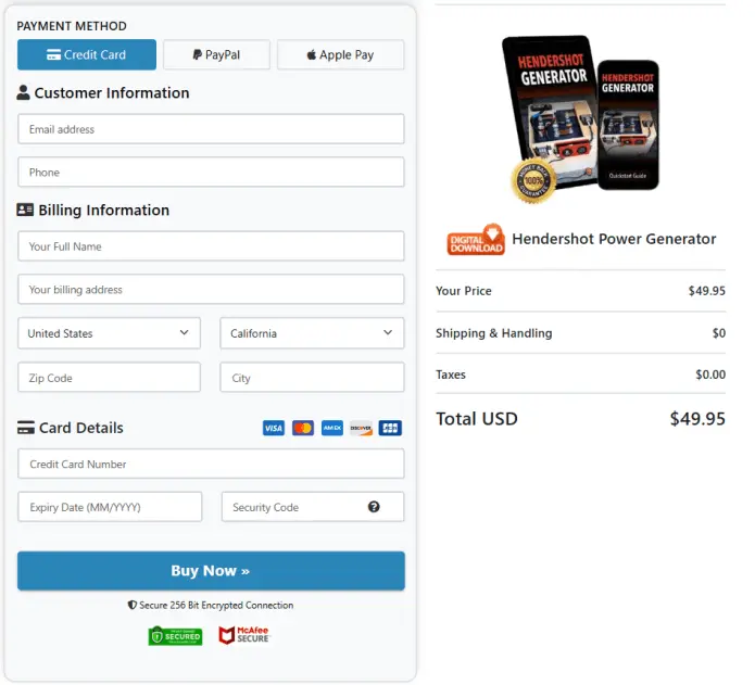 Hendershot Generator™ Checkout Page